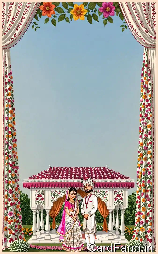 A beautifully designed Indian wedding invitation background with flowers, lights, butterflies on a decorative background. In a vibrant style.