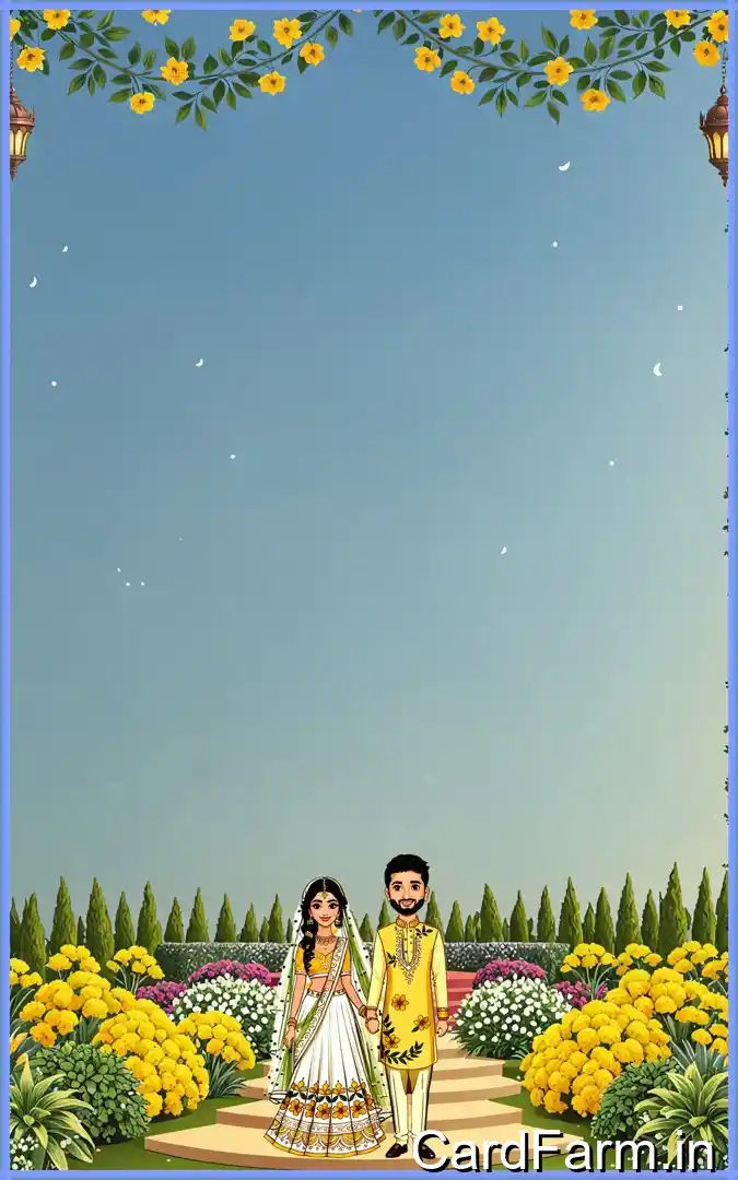 Haldi invitation card page for an Indian wedding with cartoon couple on a decorative background. In a vibrant style.