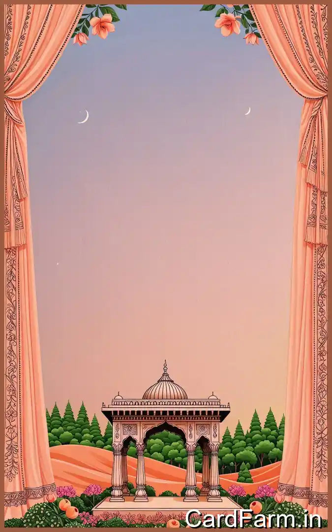 A beautifully designed Indian wedding invitation background with ferns, petals, fountains and decorative background. In a vibrant style.
