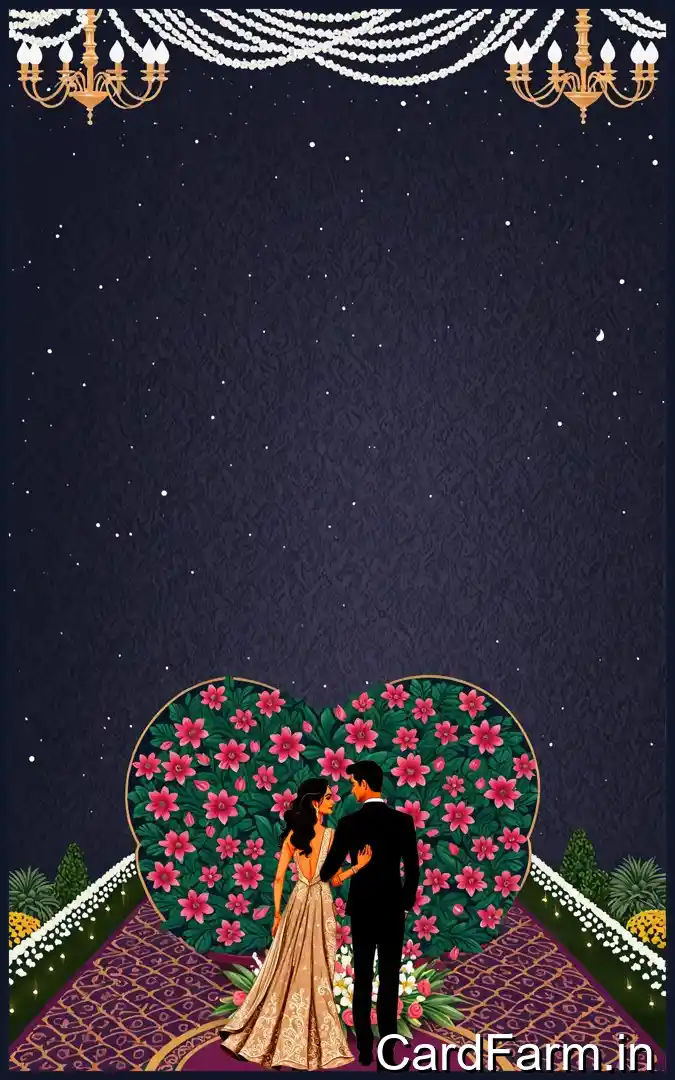 Wedding reception invitation card page of a wedding Invitation template. Night time view with flowers, lights, fountains, mountains on a decorative background. In a vibrant style.