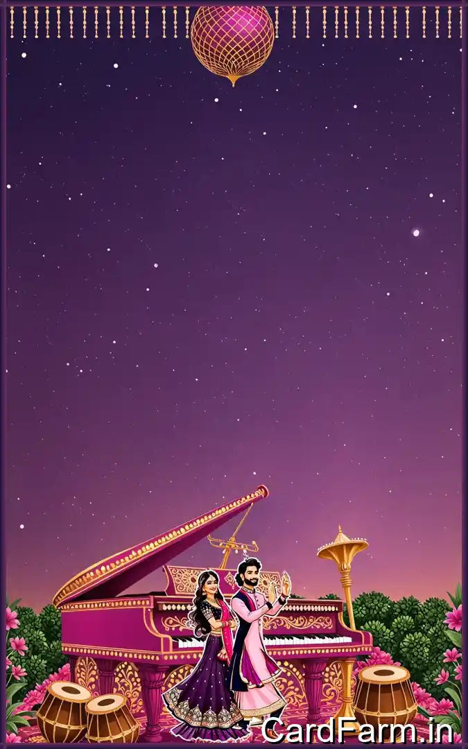 Sangeet ceremony invitation page with night time view with flowers, guitars, tablas on a beautiful starry background. In a vibrant style.