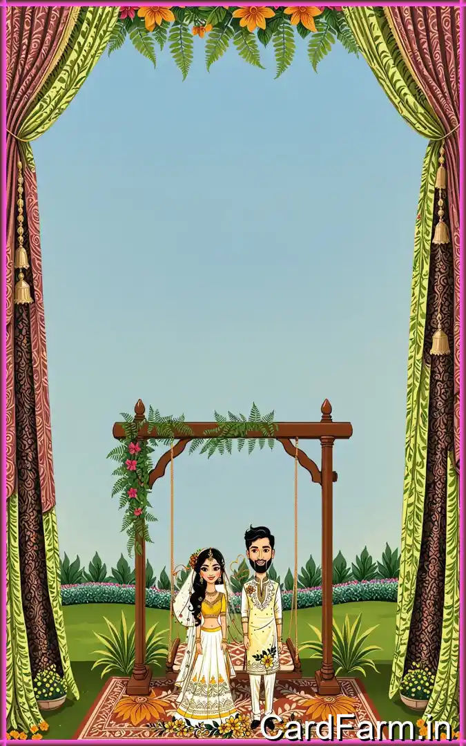 Haldi invitation card page for an Indian wedding with cartoon couple on a decorative background. In a vibrant style.