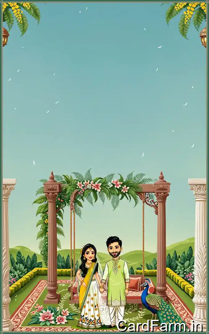 Haldi invitation card page for an Indian wedding with cartoon couple on a decorative background. In a vibrant style.