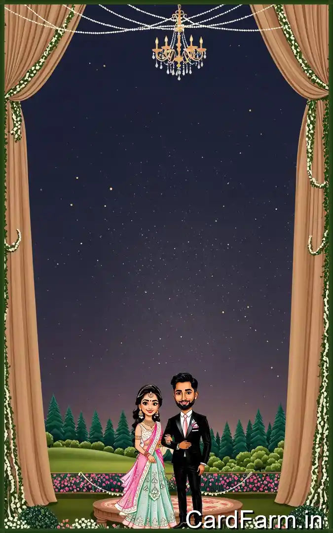 Wedding reception invitation card page of a wedding Invitation template. Night time view with flowers, lights, fountains, mountains on a decorative background. In a vibrant style.