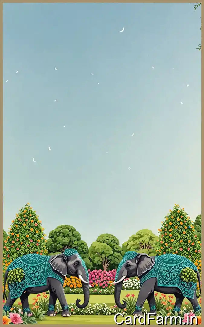 Beautifully designed caricature wedding invitation with archway, elephants, peacocks with a clear sky. In a vibrant style.
