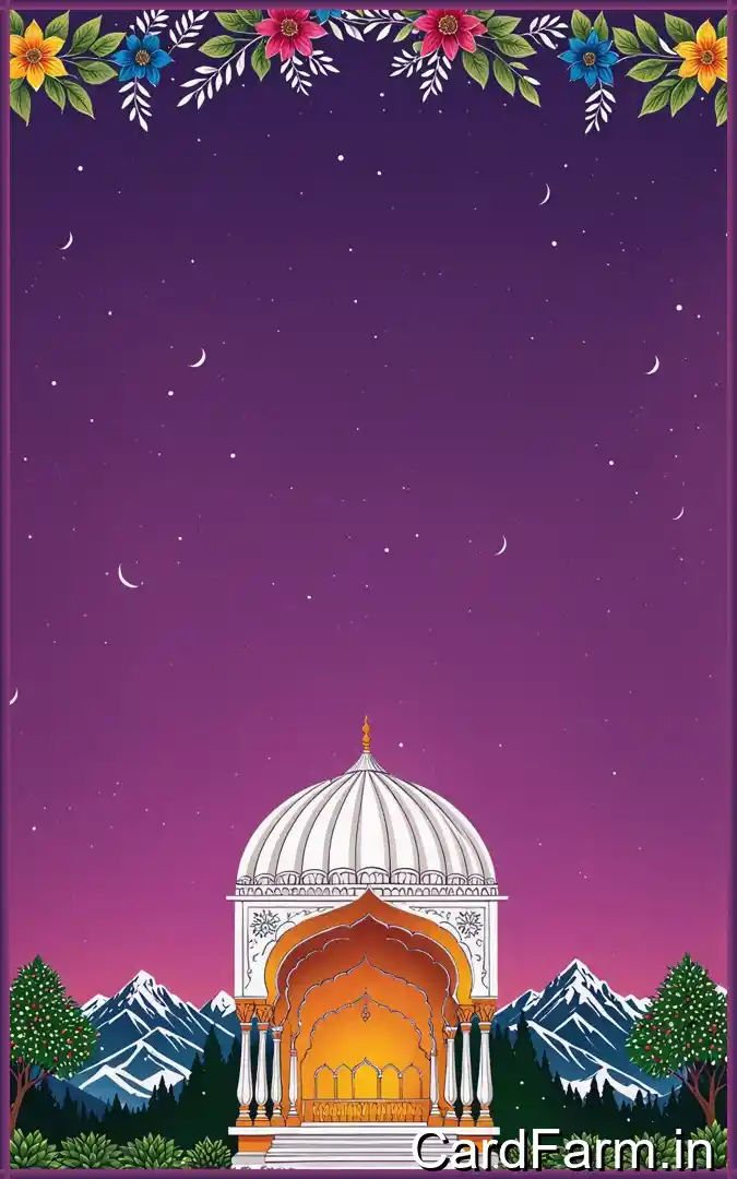 RSVP page of wedding invitation. Scenic background with flowers, butterflies, fountains, mountains with a clear sky. In a vibrant style.