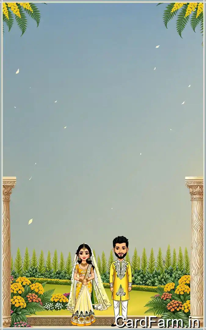 Haldi invitation card page for an Indian wedding with cartoon couple on a decorative background. In a vibrant style.