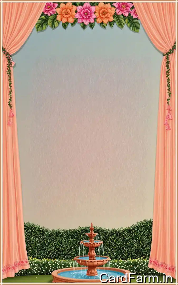 A beautifully designed Indian wedding invitation background with ferns, petals, fountains and decorative background. In a vibrant style.