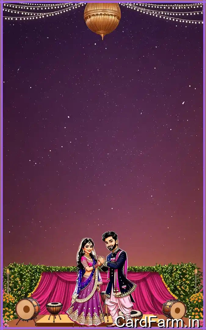 Sangeet ceremony invitation page with night time view with flowers, guitars, tablas on a beautiful starry background. In a vibrant style.