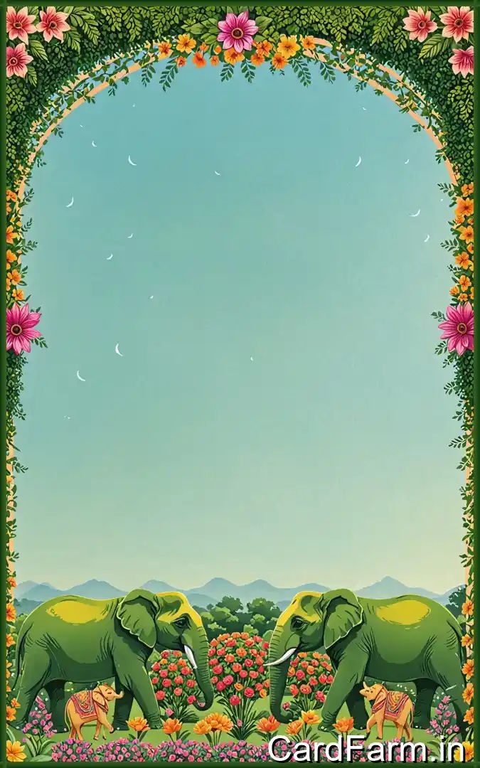 Beautifully designed caricature wedding invitation with archway, elephants, peacocks with a clear sky. In a vibrant style.