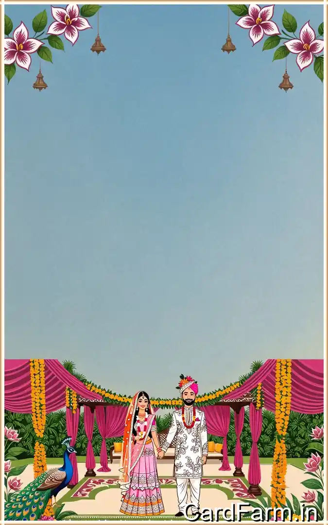 A beautifully designed Indian wedding invitation background with flowers, lights, butterflies on a decorative background. In a vibrant style.