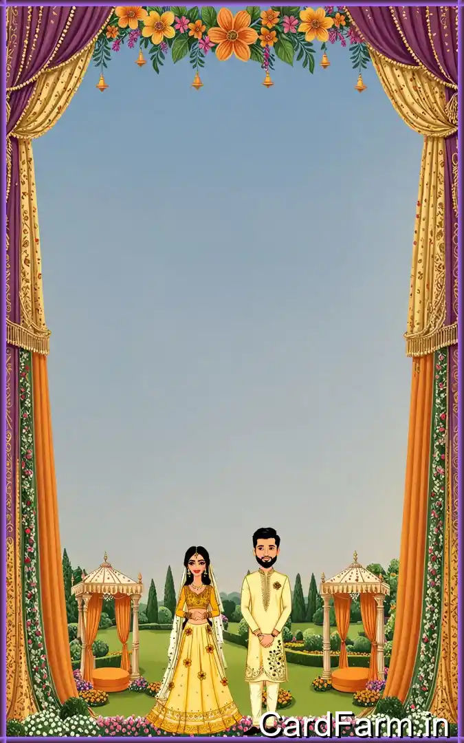 Haldi invitation card page for an Indian wedding with cartoon couple on a decorative background. In a vibrant style.