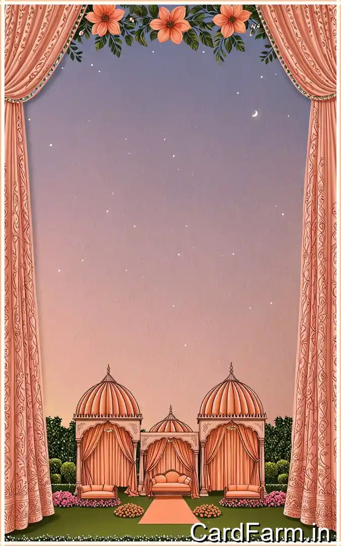 A beautifully designed Indian wedding invitation background with ferns, petals, fountains and decorative background. In a vibrant style.
