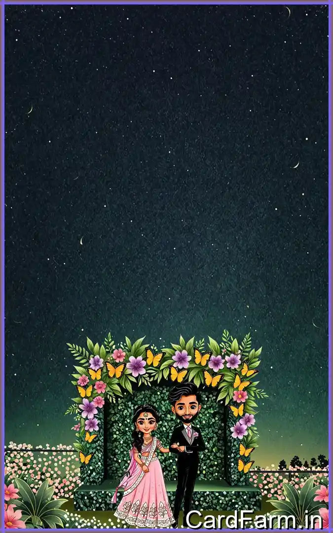 Wedding reception invitation card page of a wedding Invitation template. Night time view with flowers, lights, fountains, mountains on a decorative background. In a vibrant style.