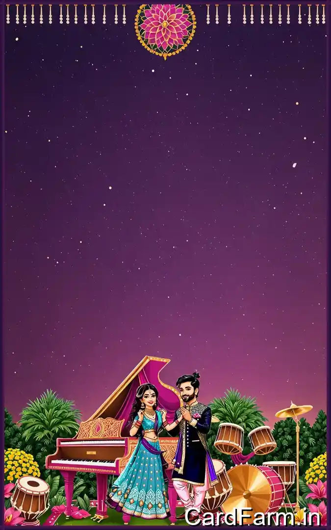 Sangeet ceremony invitation page with night time view with flowers, guitars, tablas on a beautiful starry background. In a vibrant style.