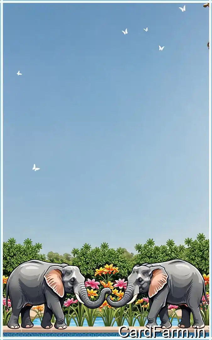 Beautifully designed caricature wedding invitation with archway, elephants, peacocks with a clear sky. In a vibrant style.