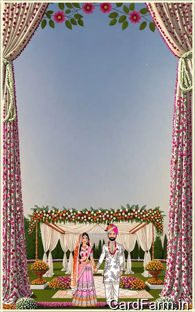 A beautifully designed Indian wedding invitation background with flowers, lights, butterflies on a decorative background. In a vibrant style.