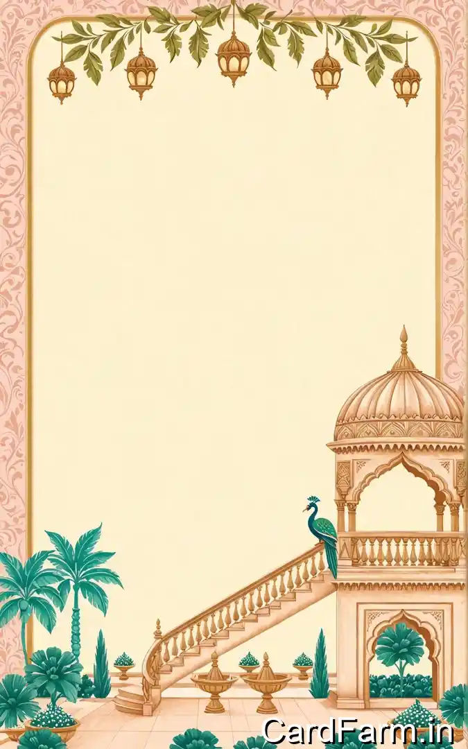 Mughal palace wedding invitation card with peacock on stairs, ornate dome architecture, hanging lanterns, tropical palms, Aggarwal family contact details