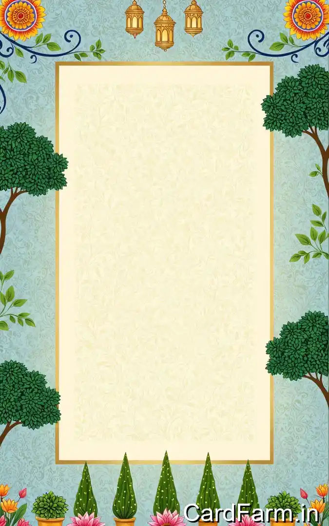 Traditional Indian wedding invitation with golden lanterns, trees, potted plants, bride and groom details from Rakesh and Seema Aggarwal family