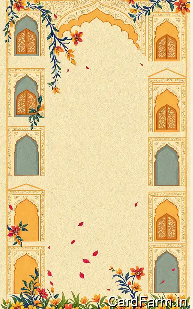 Mughal wedding announcement card with decorative arched windows, peacock elephant motif, floral borders, bride weds groom Instagram hashtag design