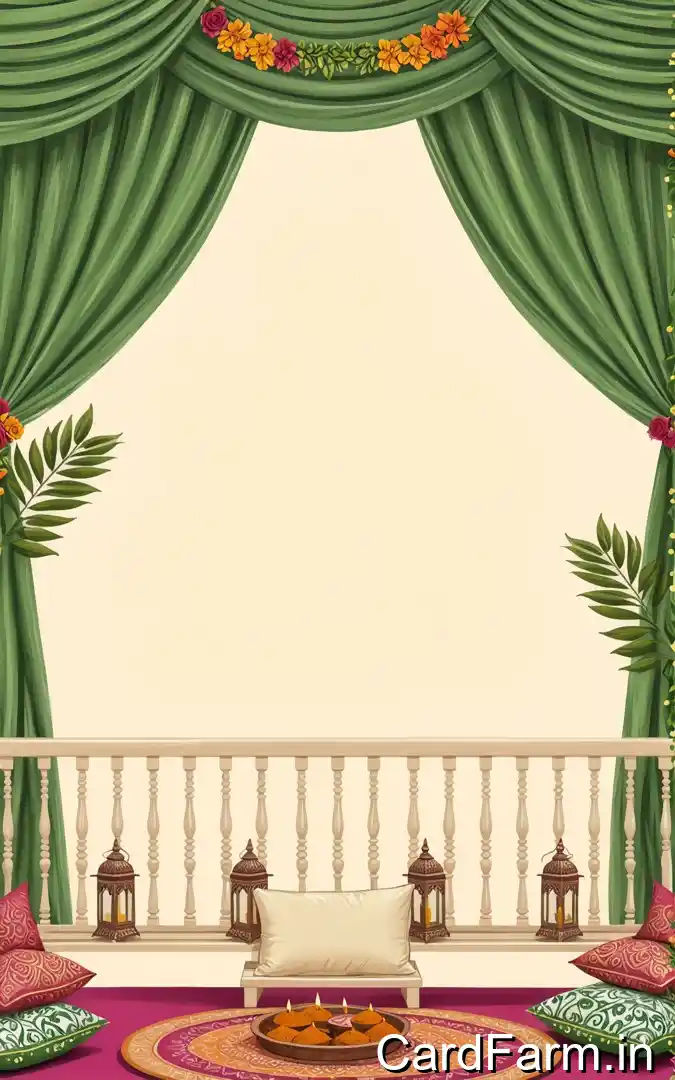 Mehendi ceremony invitation with green drapes, marigold garland, floor cushions, diyas, August 2025 wedding celebration Pune venue