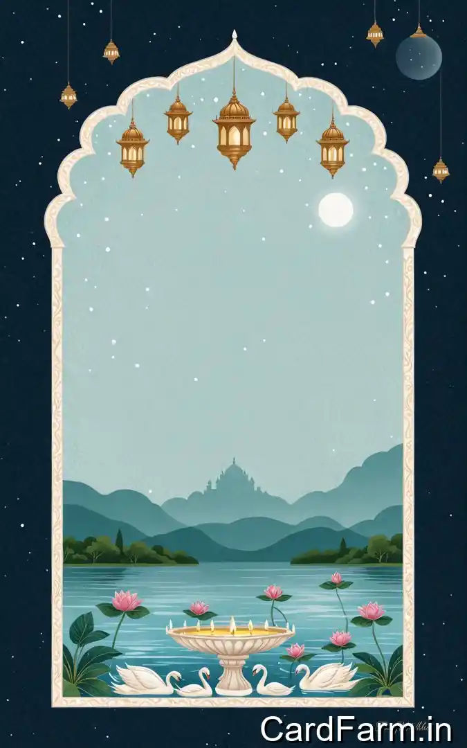 Evening wedding reception invitation card with starry night sky, lotus pond, swans, floating diyas, mountain landscape, January 2025 Orchid Green Gardens