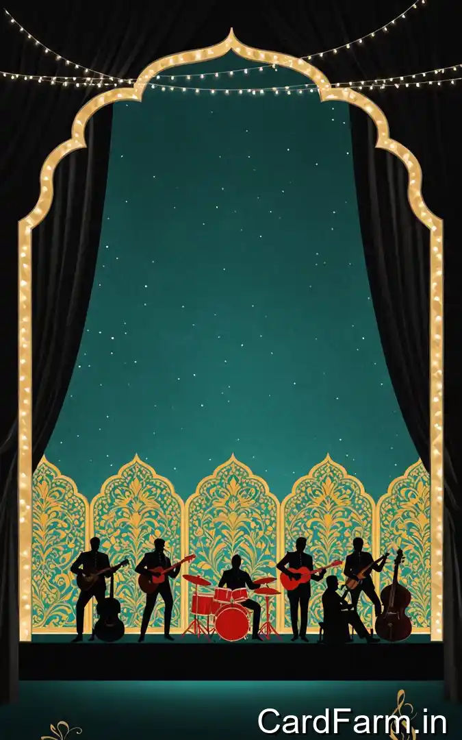 Sangeet musical night invitation with band silhouettes, Mughal arches, string lights, green gold decor, January wedding celebration Pune