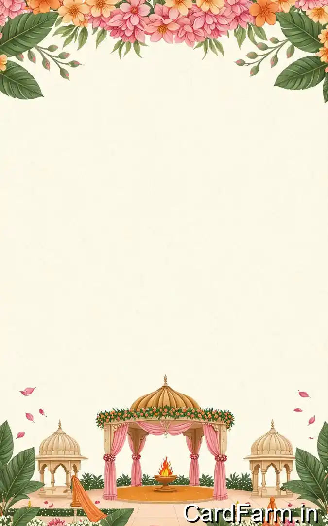 Hindu wedding ceremony invitation with pink floral border, mandap with sacred fire, ornate domes, January 2025 Orchid Green Gardens Pune