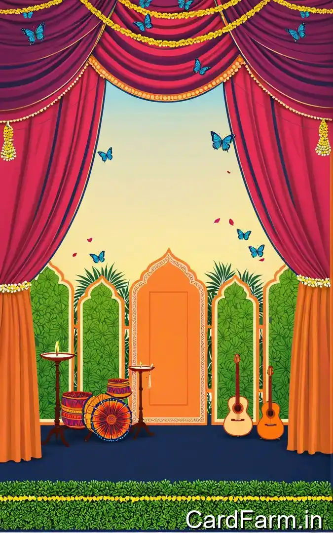 Ganesh Ji wedding invitation with magenta curtains, marigold garlands, orange door, blue butterflies, guitars drums, March 12th-13th celebration