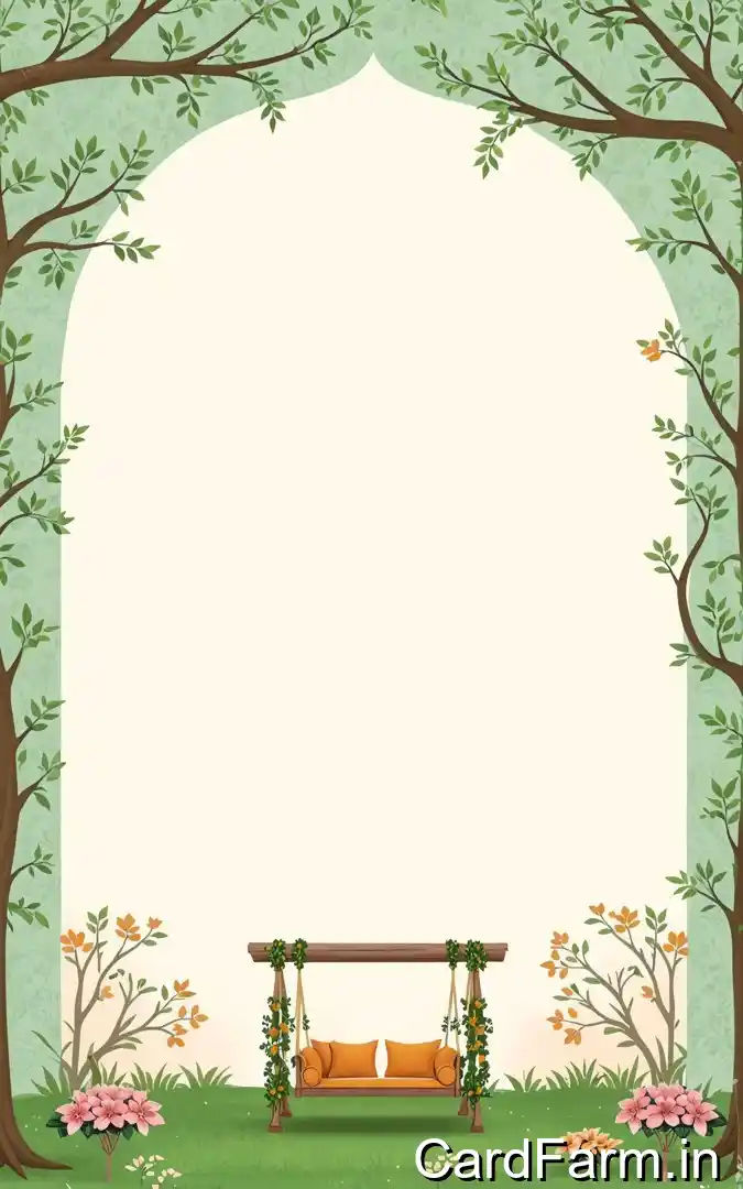 Mehendi ceremony invitation featuring garden swing, tree branches, green leaves, pink flowers, August 7th 2025 Orchid Green Gardens Pune venue