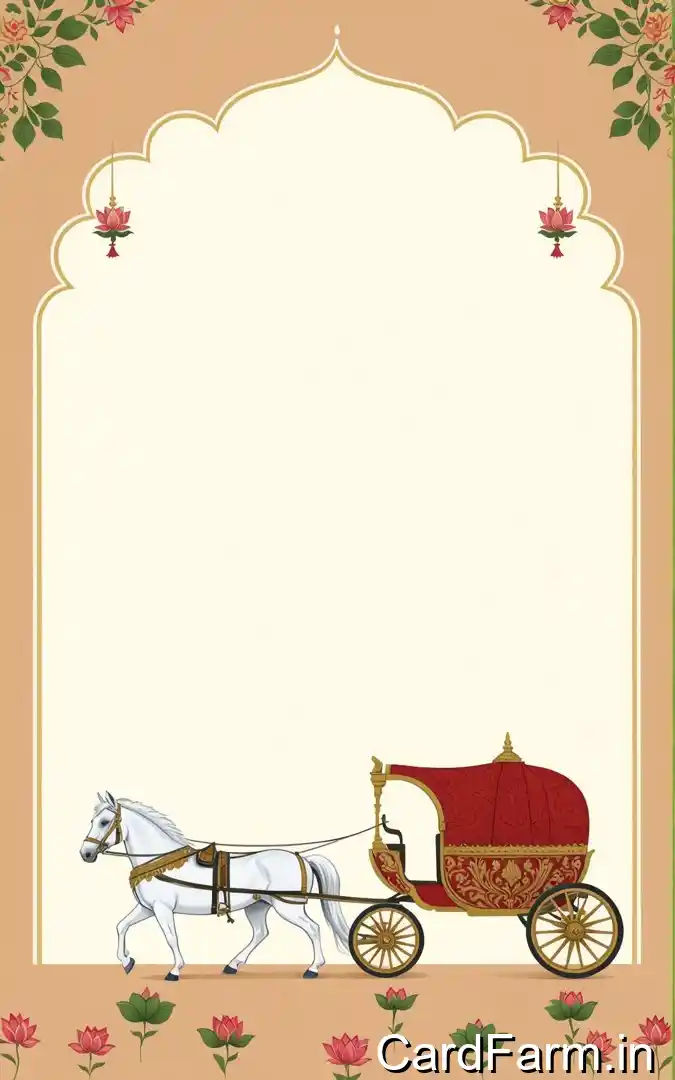 Hindu wedding ceremony invitation with royal horse carriage, pink lotus flowers, golden arch frame, October 4th formal dress code Orchid Gardens Pune