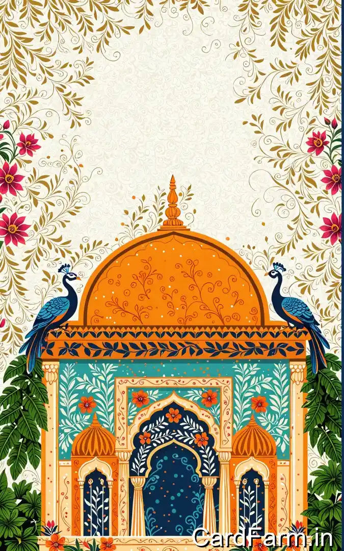 Ganesh Ji wedding invitation with ornate orange turquoise temple dome, peacock guardians, pink flowers, golden foliage, March 12th-13th dates