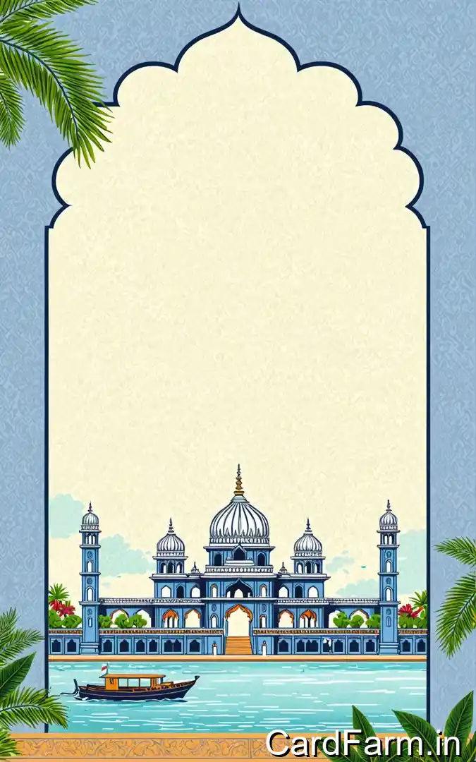 Indian wedding family invitation with blue Mughal palace riverside, traditional boat, navy arch frame, palm fronds, families invite celebration