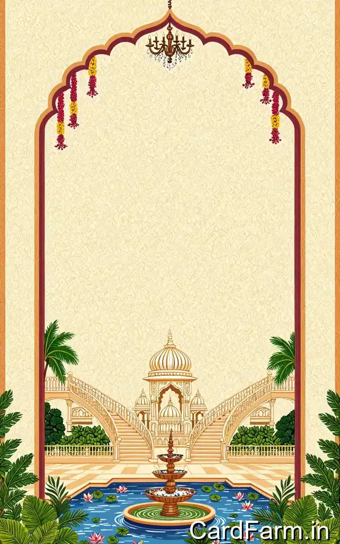 Haldi ceremony invitation with palace courtyard grand staircase, tiered fountain, lotus pond, marigold garlands, January 7th Orchid Green Gardens Pune