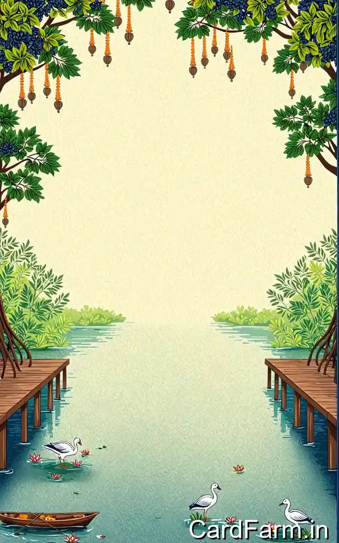 Mehendi ceremony invitation featuring lake boardwalk, hanging marigold ornaments, white swans, wooden boats, August 7th Orchid Green Gardens Pune venue