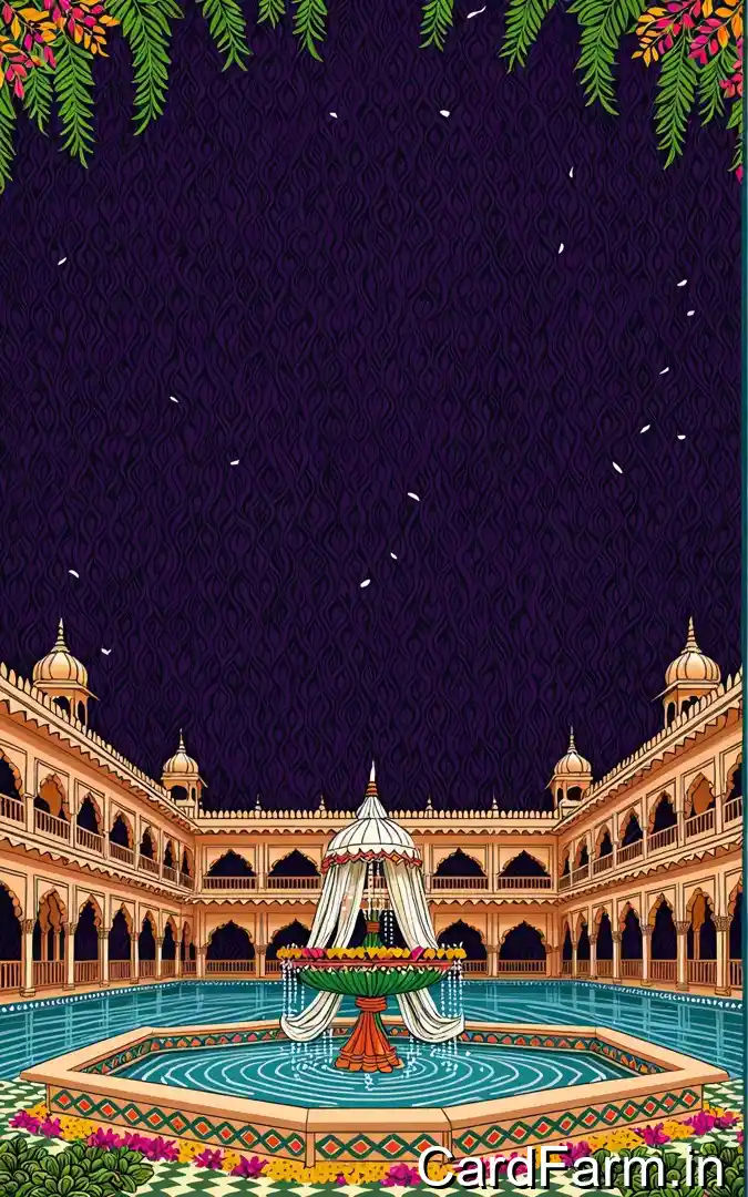 Wedding reception invitation with purple night palace courtyard, turquoise pool fountain, white canopy tent, January 7th Orchid Green Gardens Pune