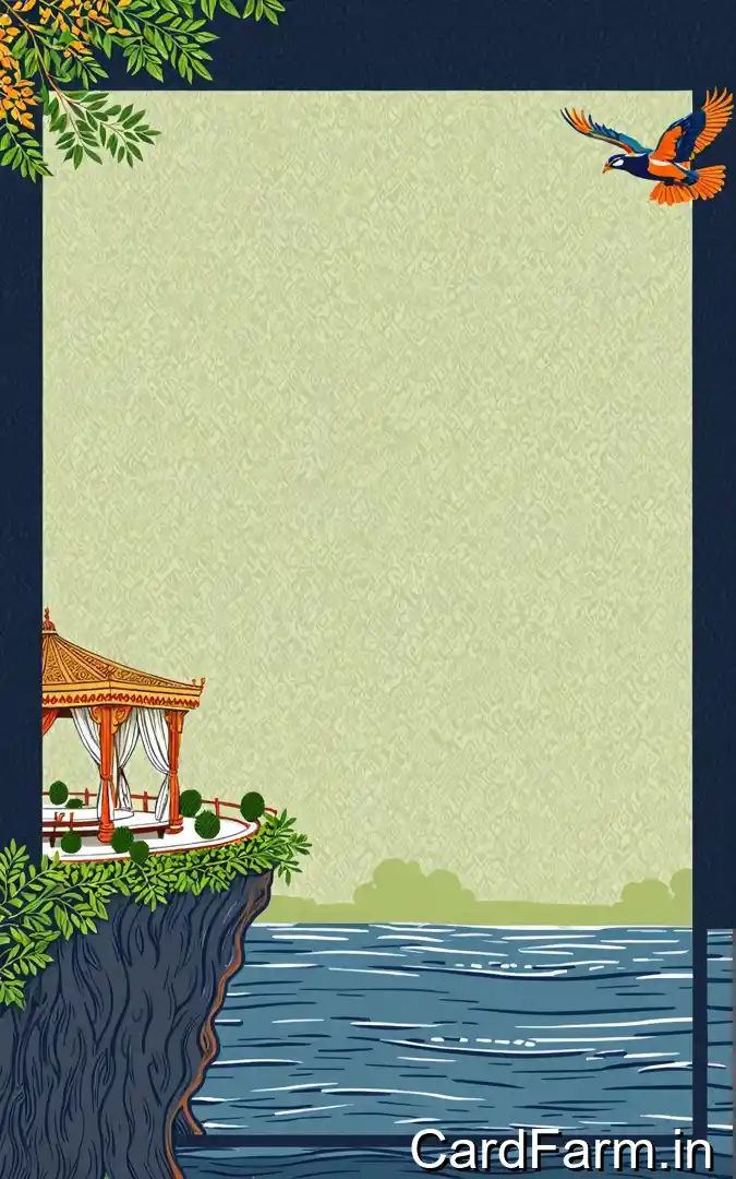 Hindu wedding ceremony invitation with treehouse mandap lakeside, flying kingfisher bird, October 4th formal dress code Orchid Green Gardens Pune