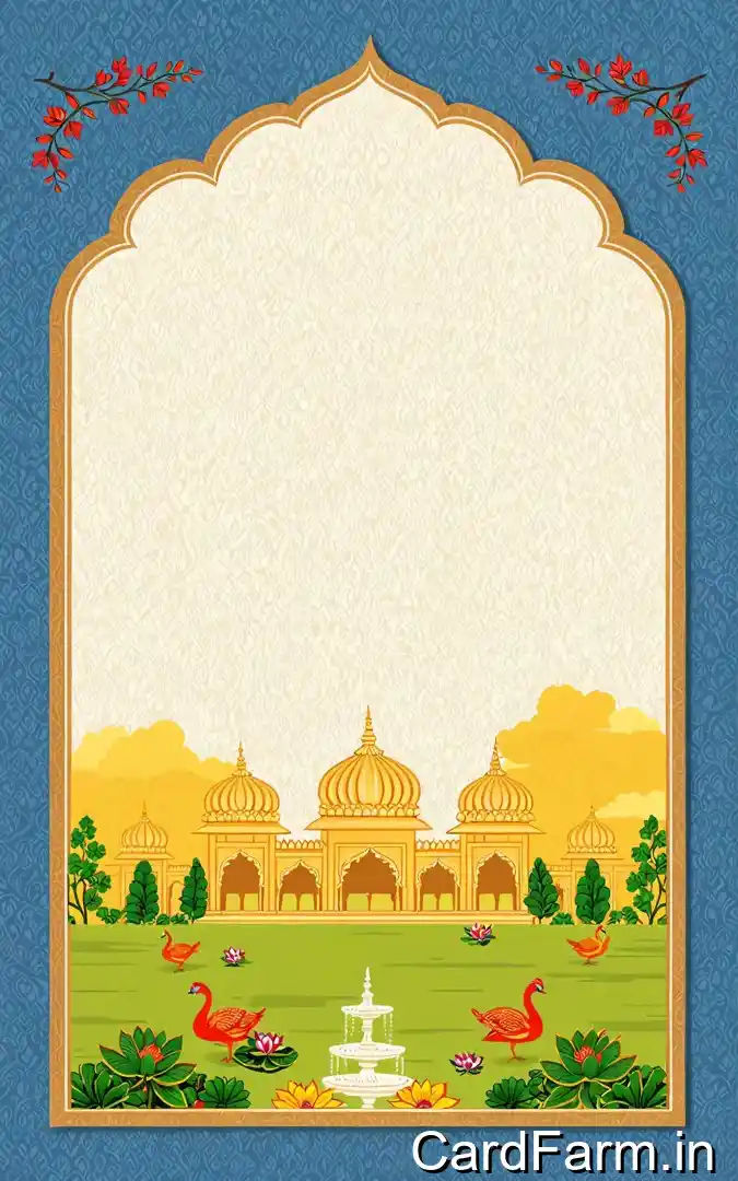 Indian wedding contact card with blue damask pattern, golden Mughal palace gardens, red swans fountain, Aggarwal family best wishes