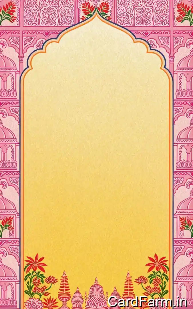 Indian wedding family invitation with pink Rajasthani architecture, ornate damask border, temple domes, tropical flowers, families invite celebration