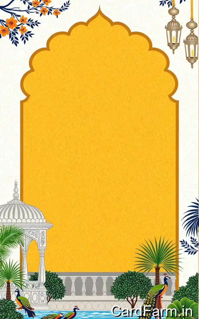 Haldi ceremony invitation with golden yellow arch, white pavilion gazebo, peacock fountain pool, lanterns, October 1st Orchid Green Gardens Pune