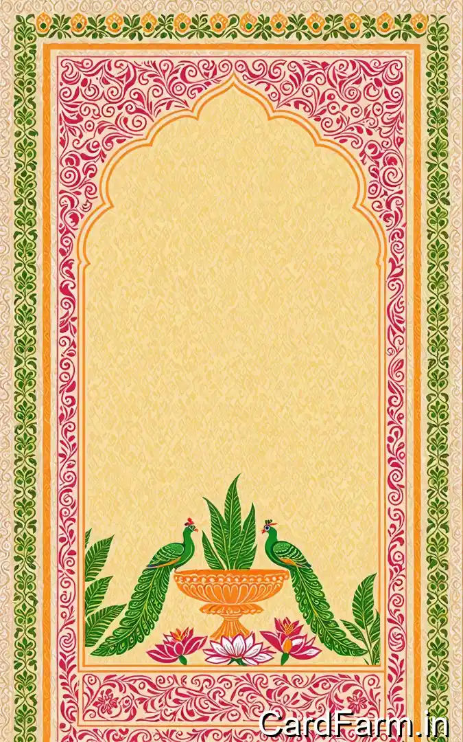Indian wedding title page with pink green ornate border, peacock fountain centerpiece, lotus flowers, Instagram hashtag monogram design