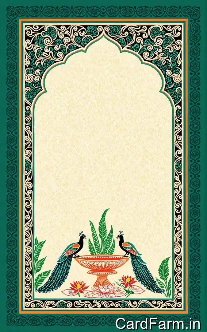 Mehendi ceremony invitation with teal green ornate frame, peacock fountain centerpiece, lotus flowers, August 7th Orchid Green Gardens Pune venue