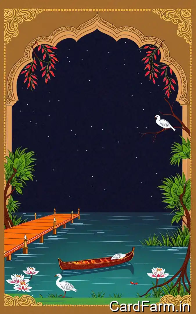 Sangeet musical night invitation with golden navy lakeside scene, orange wooden dock, boat swans, red foliage, January 7th Orchid Gardens Pune
