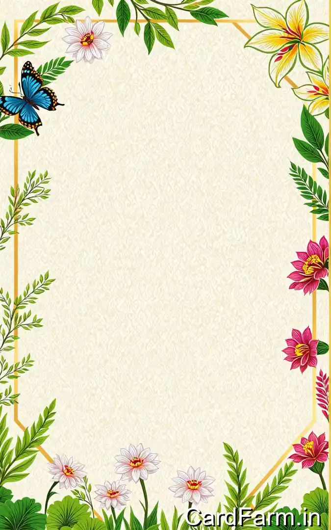 Indian wedding contact card with botanical garden border, blue butterfly, tropical flowers, green foliage, Aggarwal family best wishes nature theme