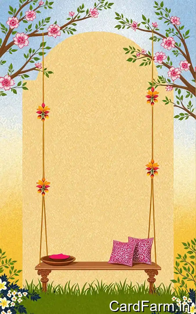 Indian wedding family invitation with cherry blossom branches, wooden swing, pink cushions, blue sky background, families invite celebration