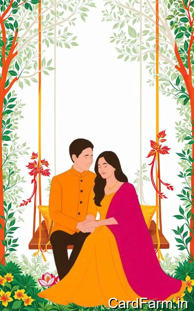 Indian wedding title page with couple on swing, orange pink attire, green botanical frame, red flowers, Instagram hashtag illustration