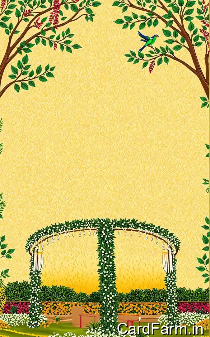 Mehendi ceremony invitation with yellow floral arch, tree branches hummingbird, colorful flower beds, August 7th Orchid Green Gardens Pune venue