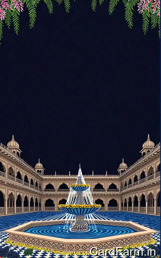 Wedding reception invitation with midnight palace courtyard, marigold fountain pool, green pink ferns, January 7th Orchid Green Gardens Pune venue