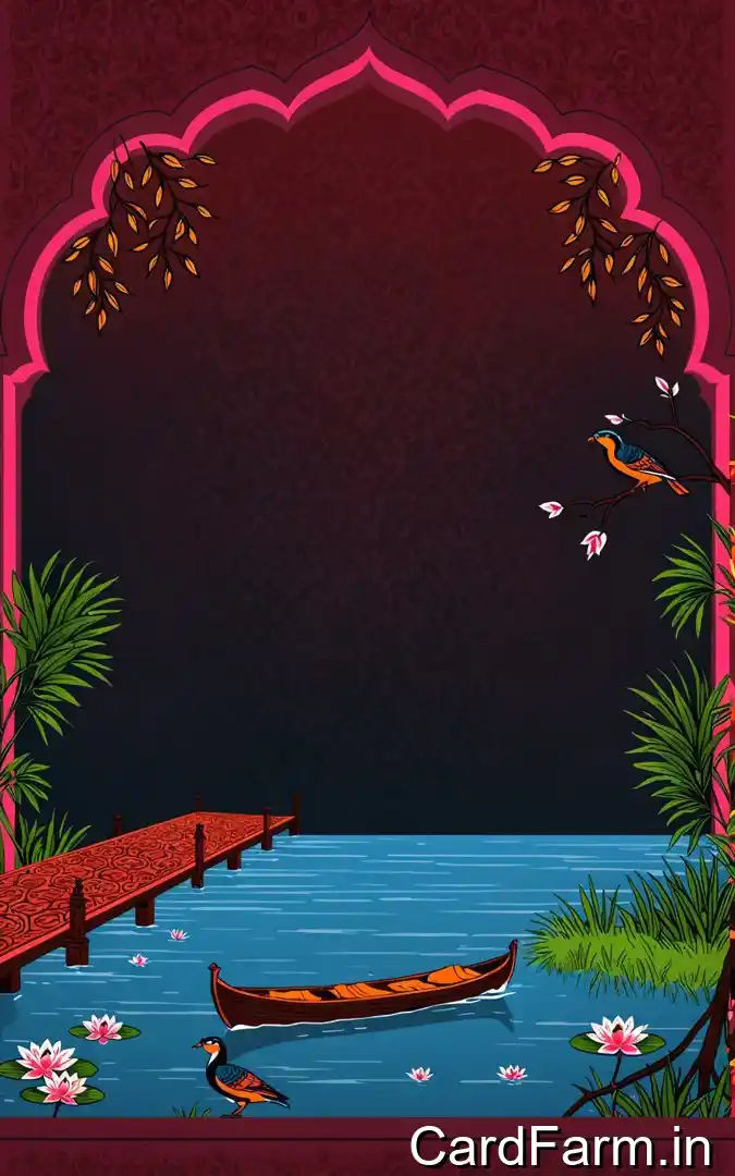 Sangeet musical night invitation with burgundy pink lakeside scene, red wooden dock, boat birds, lotus flowers, January 7th Orchid Gardens Pune