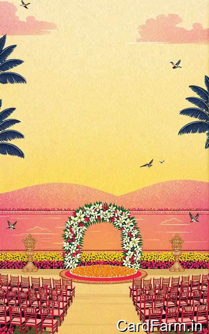 Hindu wedding ceremony invitation with sunset beach mandap, floral arch, palm trees chairs, October 4th formal dress code Orchid Gardens Pune